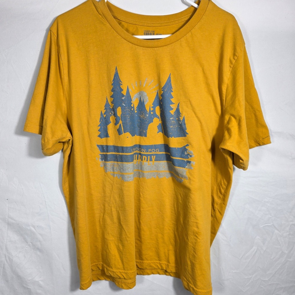 London Fog Supply Mens XXL T-Shirt Mustard Yellow Graphic Canoe‎ Forest Outdoors
